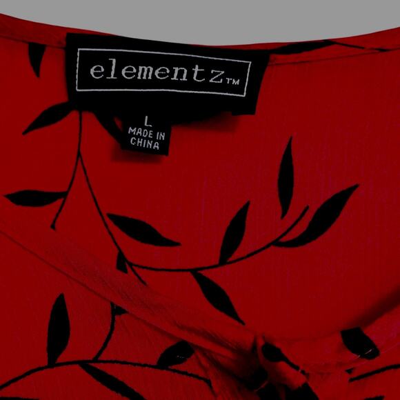 Elementz Red Black Leaf Print Button Down Tunic Shirt Size Large Classic NWT - Picture 4 of 7